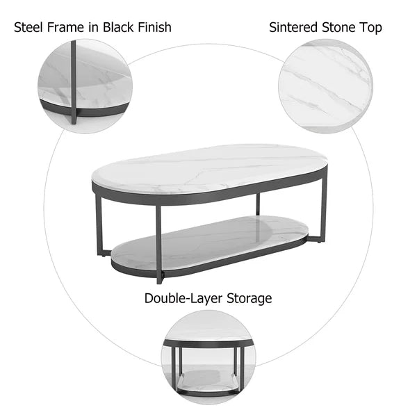Table basse moderne à 2 niveaux en marbre noir et blanc avec étagère et cadre en métal