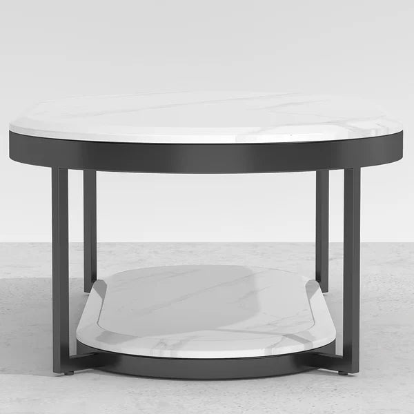 Table basse moderne à 2 niveaux en marbre noir et blanc avec étagère et cadre en métal