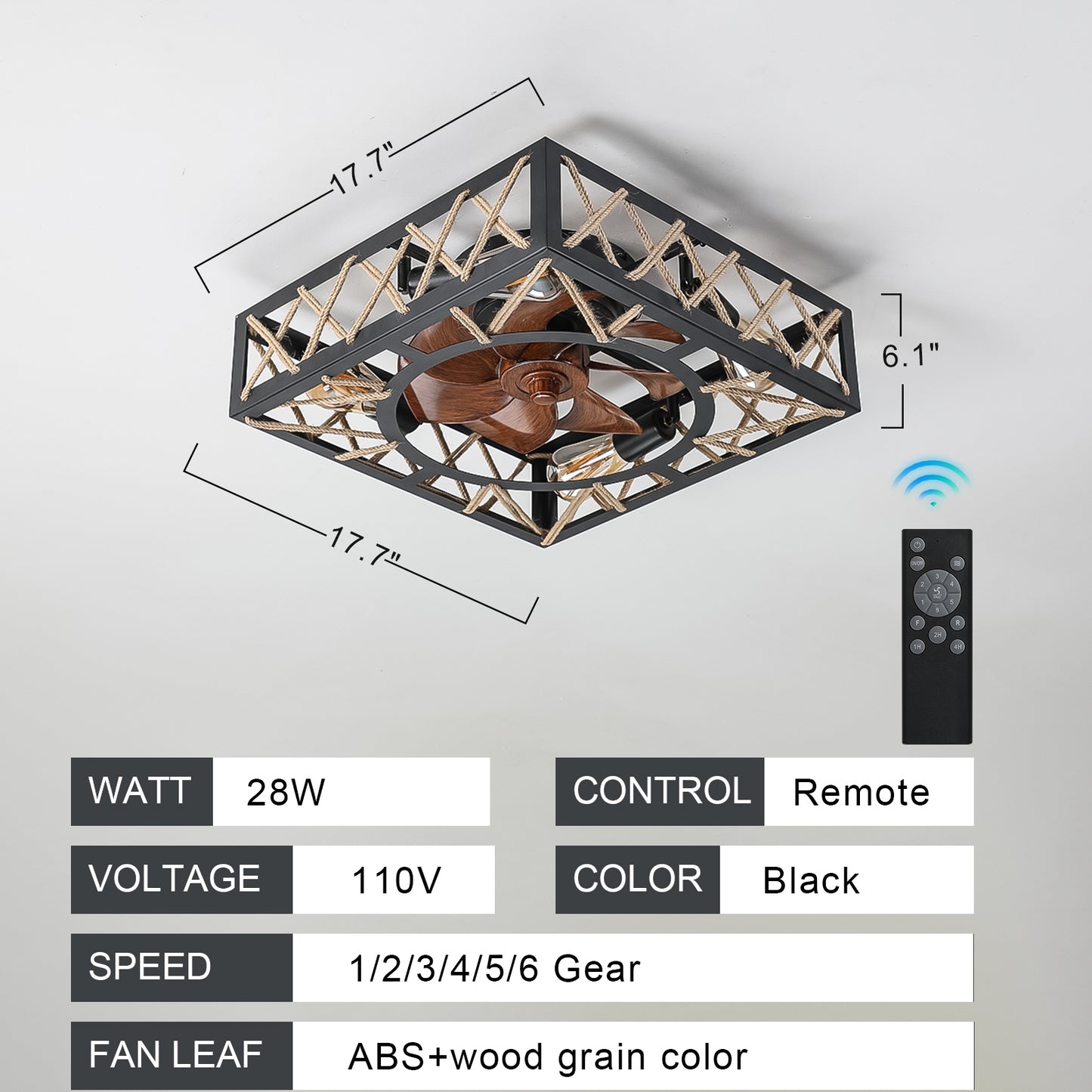 Farmhouse Rustic Ceiling Fan and Remote Control,Square Caged Industrial Ceiling Fixture with 6 Speeds & Noiseless DC Motor for Kitchen Dining Room Living Room Bedroom