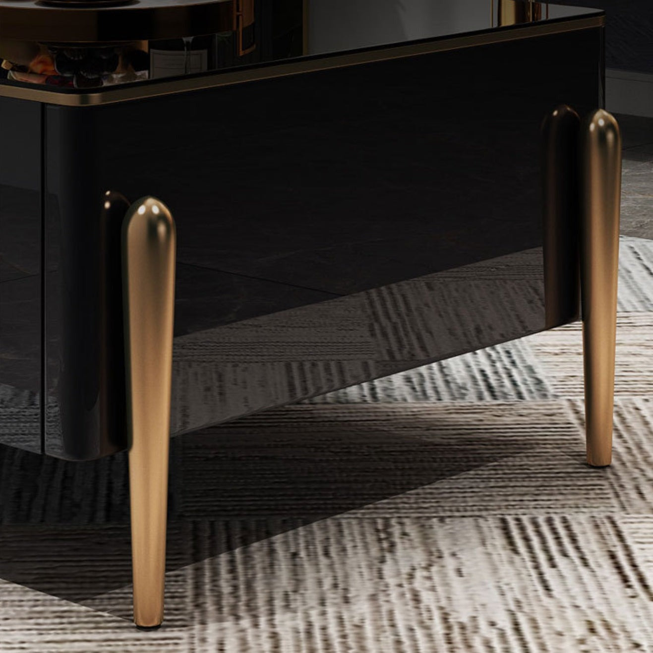 Conception rectangulaire ou carrée moderne de table basse noire avec le dessus en verre de jambe d'or