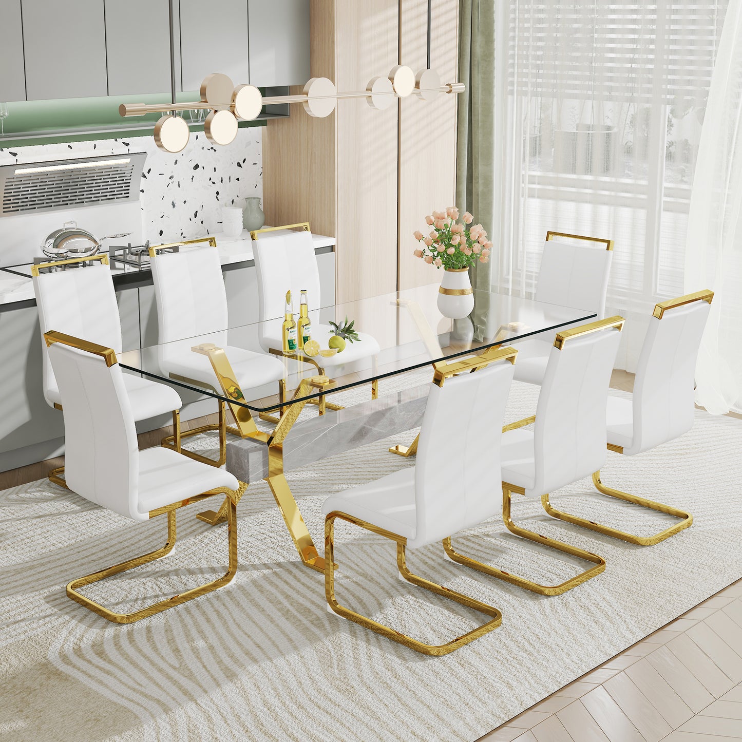 Dining table. Modern tempered glass dining table. Large modern office desk with gold plated metal legs and MDF crossbars, suitable for both home and office use. Kitchen. 79 ''x39''x30 '' 1105