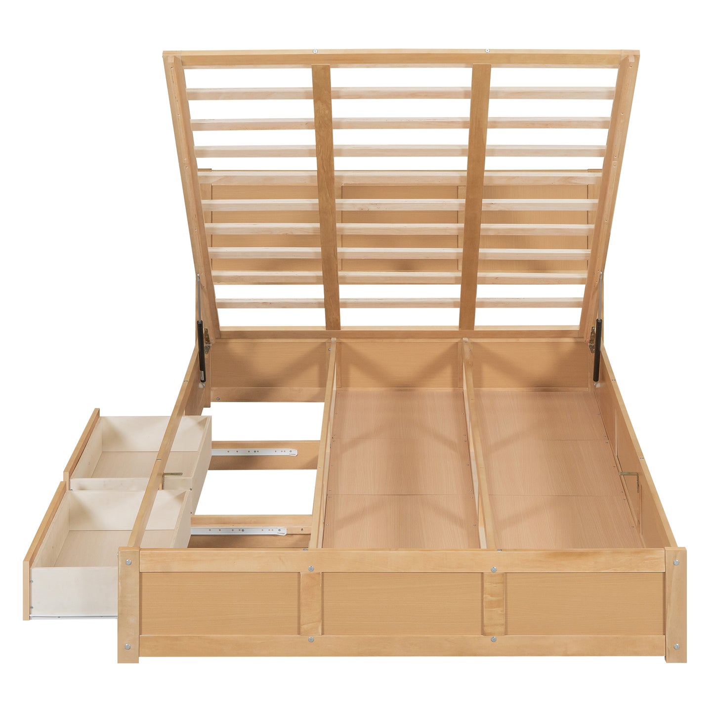 Lit plateforme en bois queen size avec rangement en dessous et 2 tiroirs, couleur bois