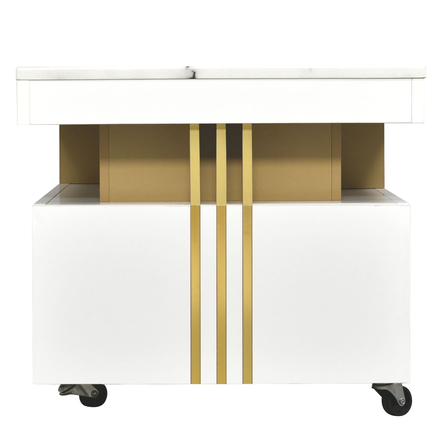 [VIDÉO fournie] Table basse contemporaine ON-TREND avec plateau en faux marbre, table de cocktail rectangulaire avec roulettes, table centrale de luxe modéré avec barres en métal doré pour le salon, blanc