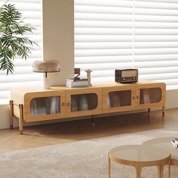 Meuble TV en bois naturel et acrylique de 78 pouces, console multimédia moderne rectangulaire en acier inoxydable