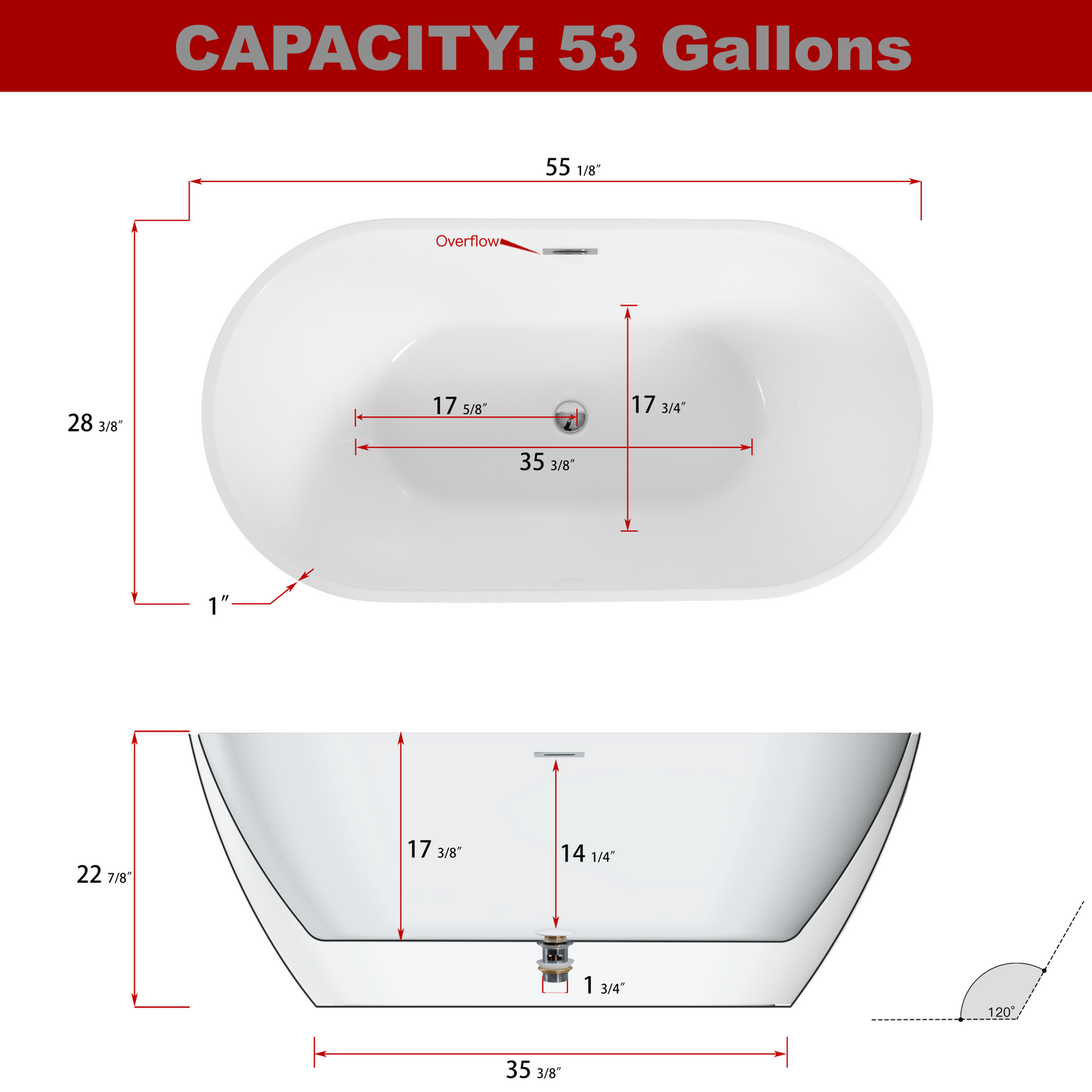 55" Sleek White Acrylic Freestanding Soaking Bathtub with Chrome Overflow and Drain, cUPC Certified - 55*28.35, Glossy White 22A09-55