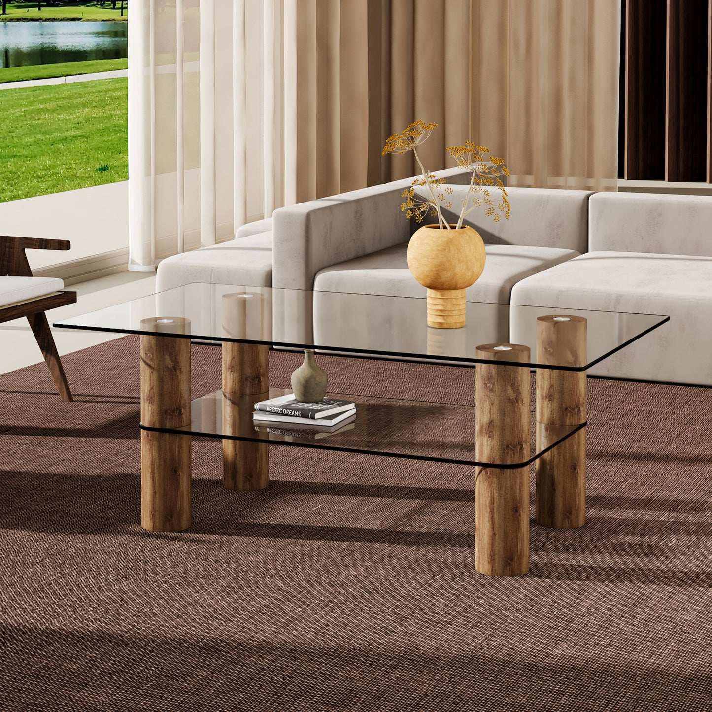 Modern Minimalist Double-Layer Transparent Tempered Glass Coffee Table with Wooden MDF Decorative Columns