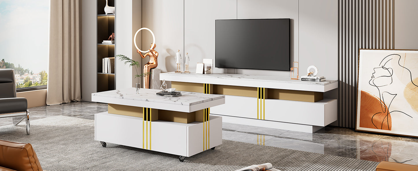 ON-TREND Modern Luxury TV Stand and Coffee Table Set of 2, High Gloss Faux Marble Top, TV Stand for TVs Up to 78'', Rectangle Coffee Table with Caster Wheels for Living Room, White