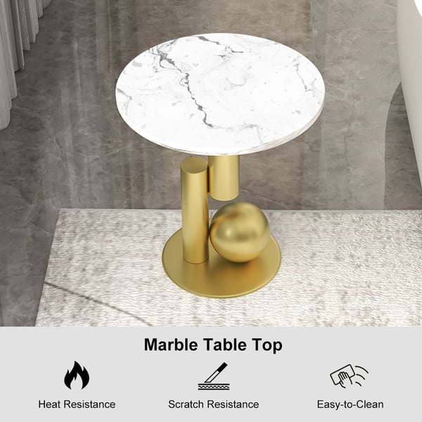 Modern White End Table Round Marble Stone Top with Abstract Metal Base