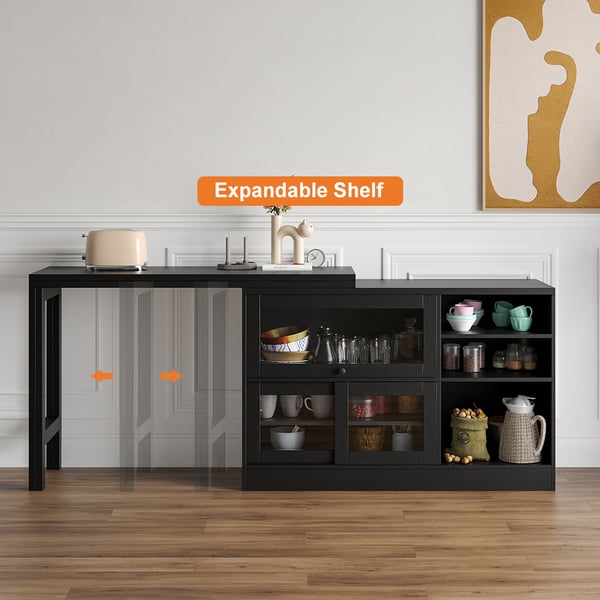 Black Storage Sideboard Cabinet Extendable Wood Buffet Foldable Dining Table