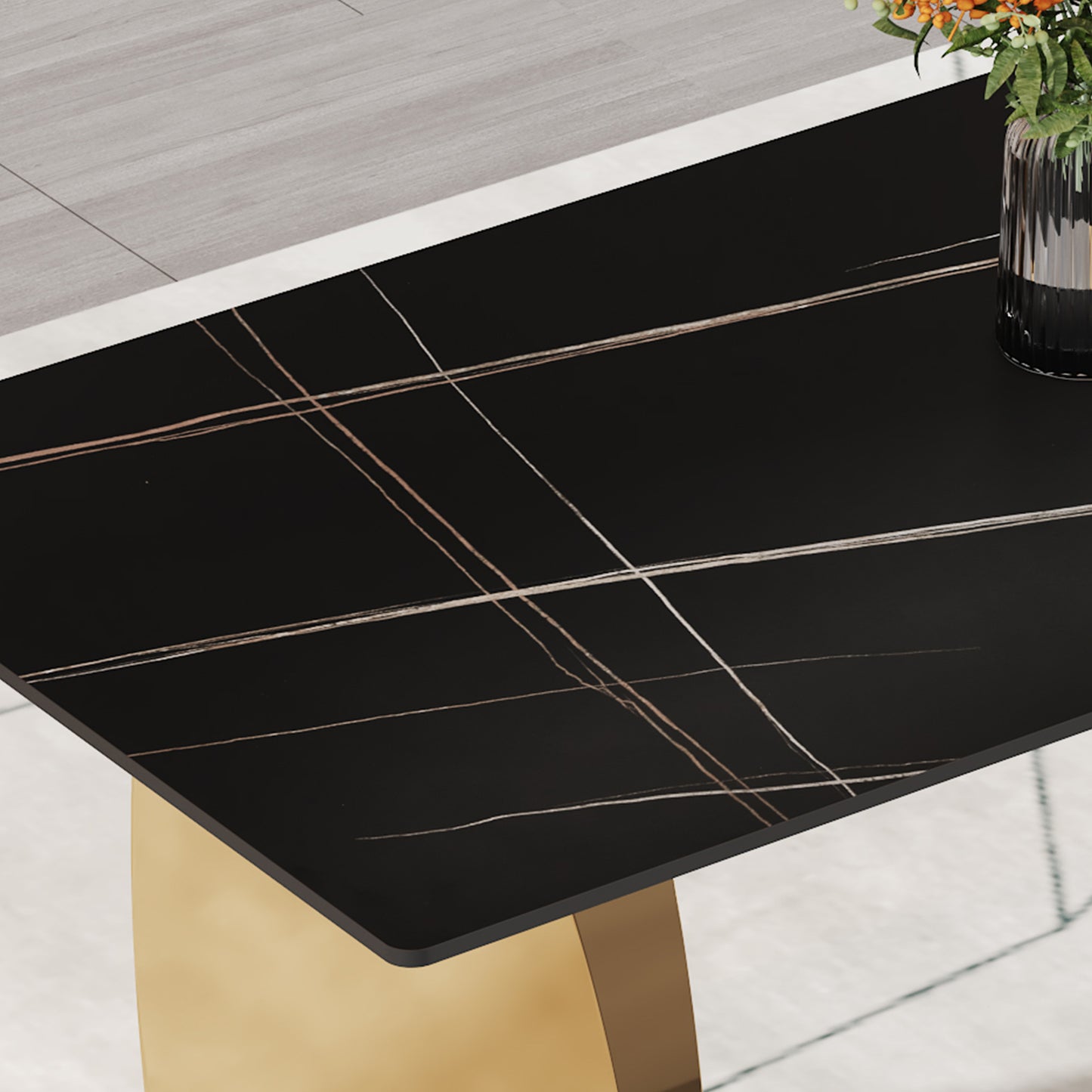 Stylish 63" Rectangular Table with Black Patterned Top and Gold Legs - Perfect for Dining Room and Living Space