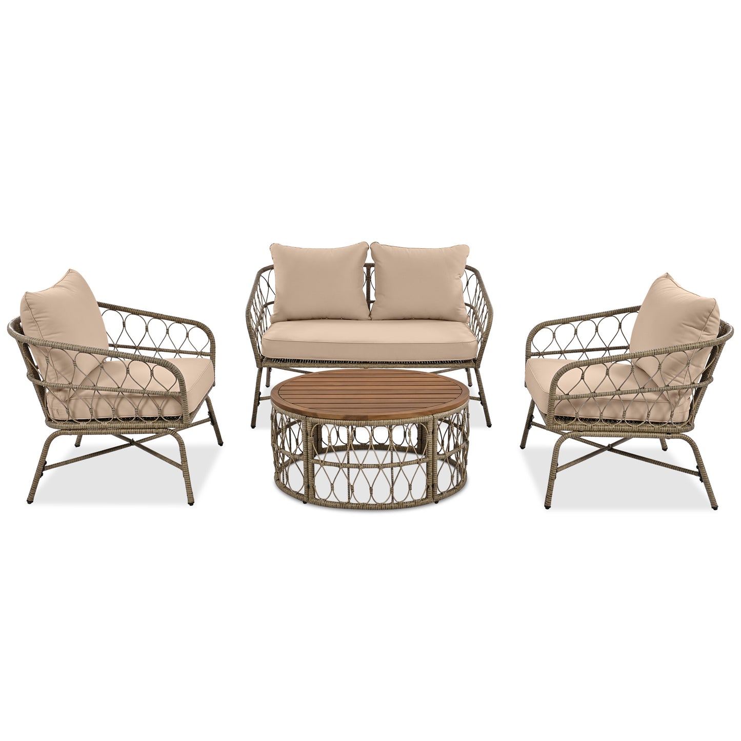 Bohemia-Inspired 4-Person Outdoor Seating Group - Removable Cushions and Wood Tabletop, Beige Conversation Patio Set