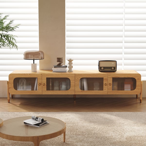 Meuble TV en bois naturel et acrylique de 78 pouces, console multimédia moderne rectangulaire en acier inoxydable