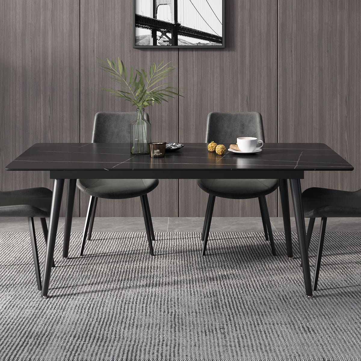 Modern Sintered Rectangle Dining Table Set with Black Stone Top 6 Persons 4 Legs