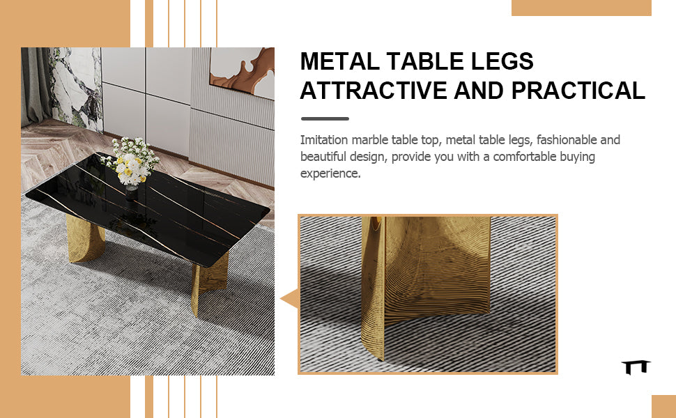 Modern minimalist dining table. The black patterned glass desktop is equipped with golden metal legs. Suitable for restaurants and living rooms  71" *39.3" *29.5"  DT-69