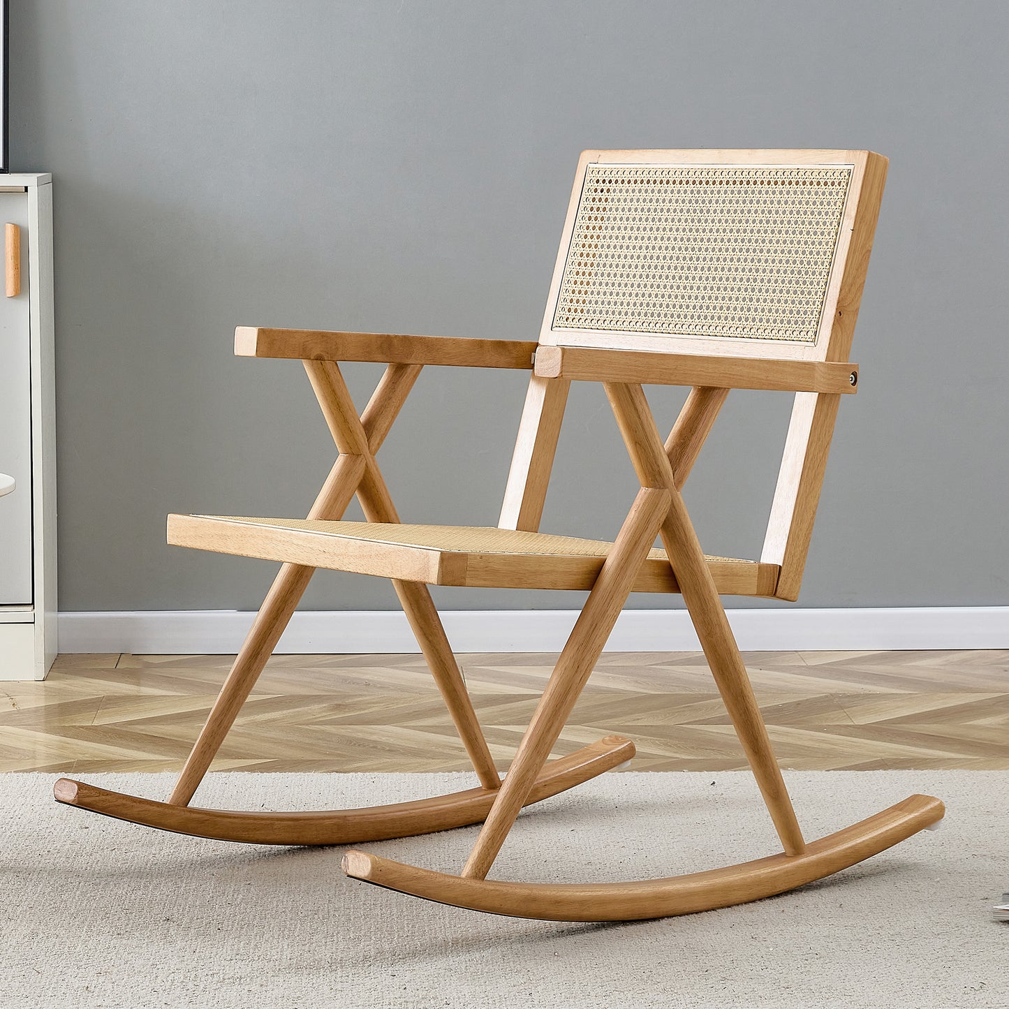 Elegant Solid Wood Rocking Chair with Imitation Rattan - Ideal for Indoor and Outdoor Relaxation