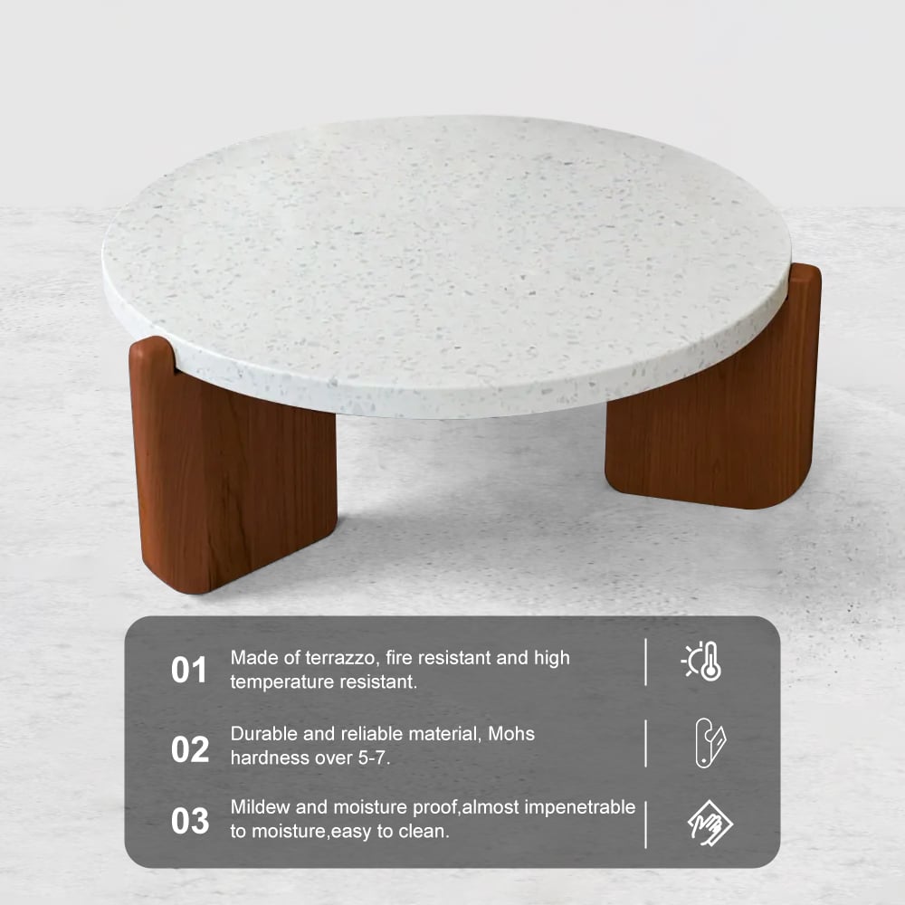 34" White Round Terrazzo Coffee Table with Pine Wood Legs in Walnut