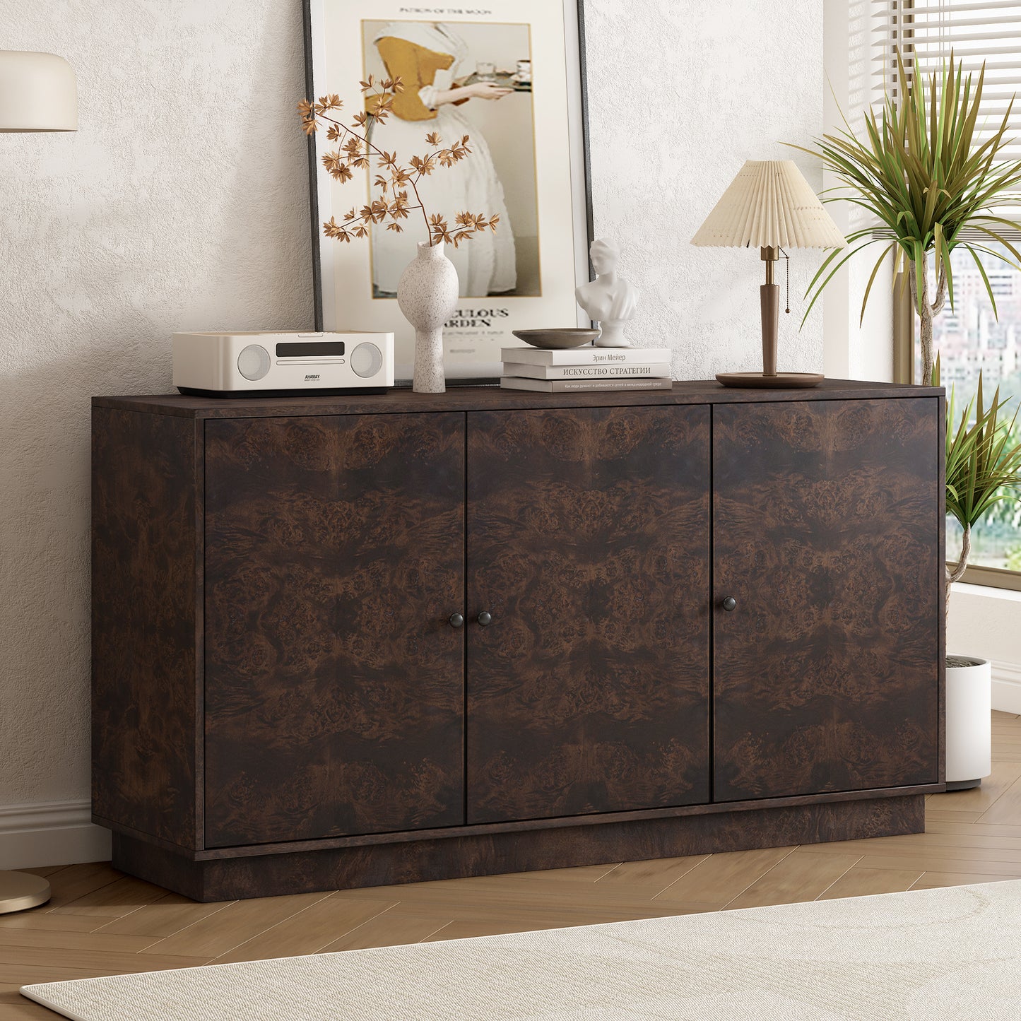 U-STYLE Wood Pattern Storage Cabinet with 3 Doors, Suitable for Hallway, Entryway and Living Rooms.