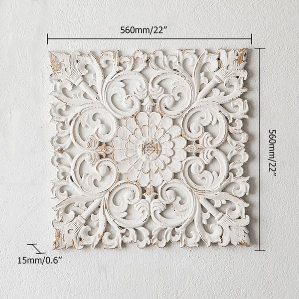 Décoration murale carrée en bois de campagne française de 22 pouces, fleur blanche sculptée en détresse pour le salon