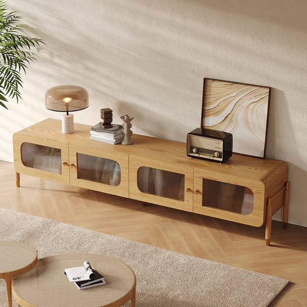 Meuble TV en bois naturel et acrylique de 78 pouces, console multimédia moderne rectangulaire en acier inoxydable