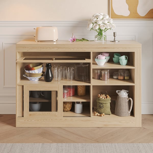 Natural Storage Sideboard Cabinet Extendable Wood Buffet Foldable Dining Table