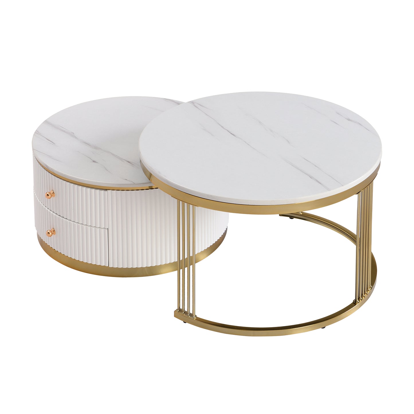 Modern 2 Pieces White Round Nesting  Coffee Table with Drawers in 27.6''