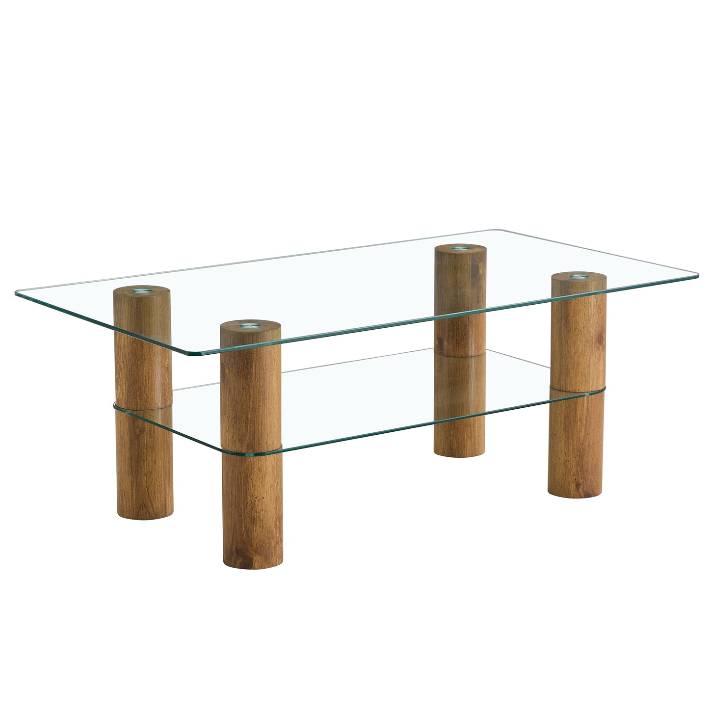 Modern Minimalist Double-Layer Transparent Tempered Glass Coffee Table with Wooden MDF Decorative Columns