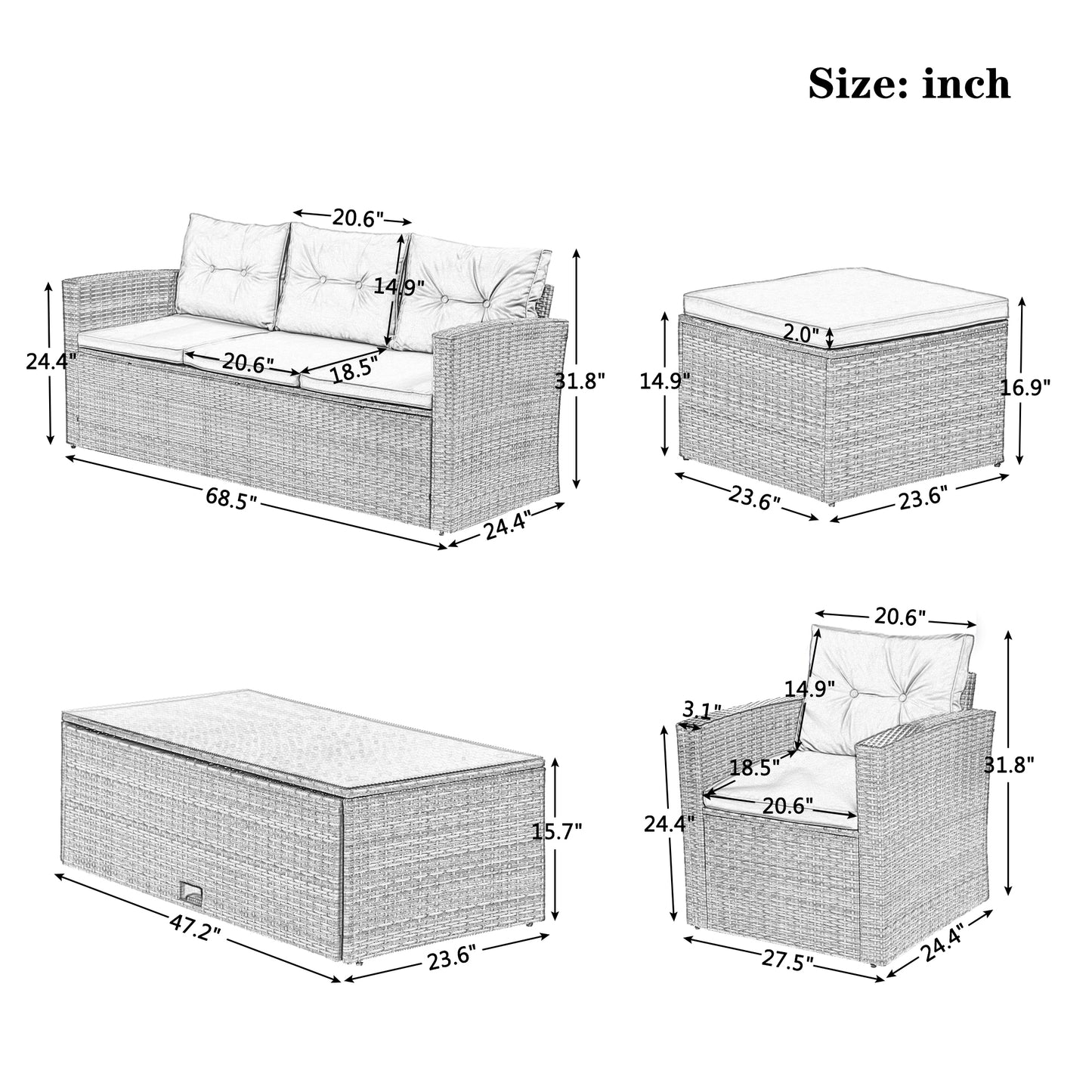 GO Ensemble sectionnel de conversation en osier PE 6 pièces résistant aux intempéries pour patio, salle à manger en plein air, avec table basse, canapés en osier, poufs et coussins amovibles (osier noir, coussin beige)