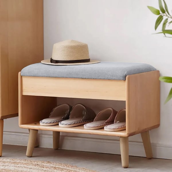 Banc d'entrée rabattable gris avec étagère à chaussures rembourrée moderne de 23,6 po avec rangement ouvert