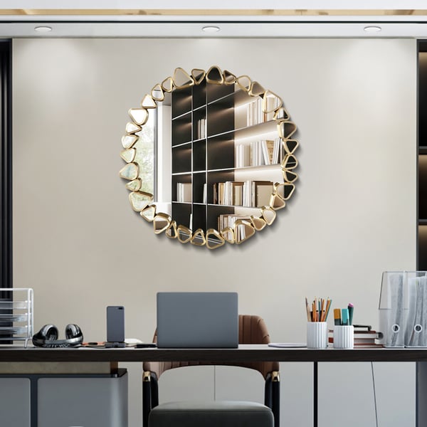 Grand miroir mural rond en galets dorés, 23.6 pouces, décor moderne avec cadre géométrique pour salon