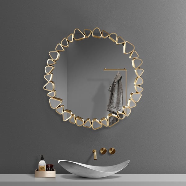 23.6" Modern Large Gold Round Pebble Wall Mirror Decor with Geometric Frame Living Room