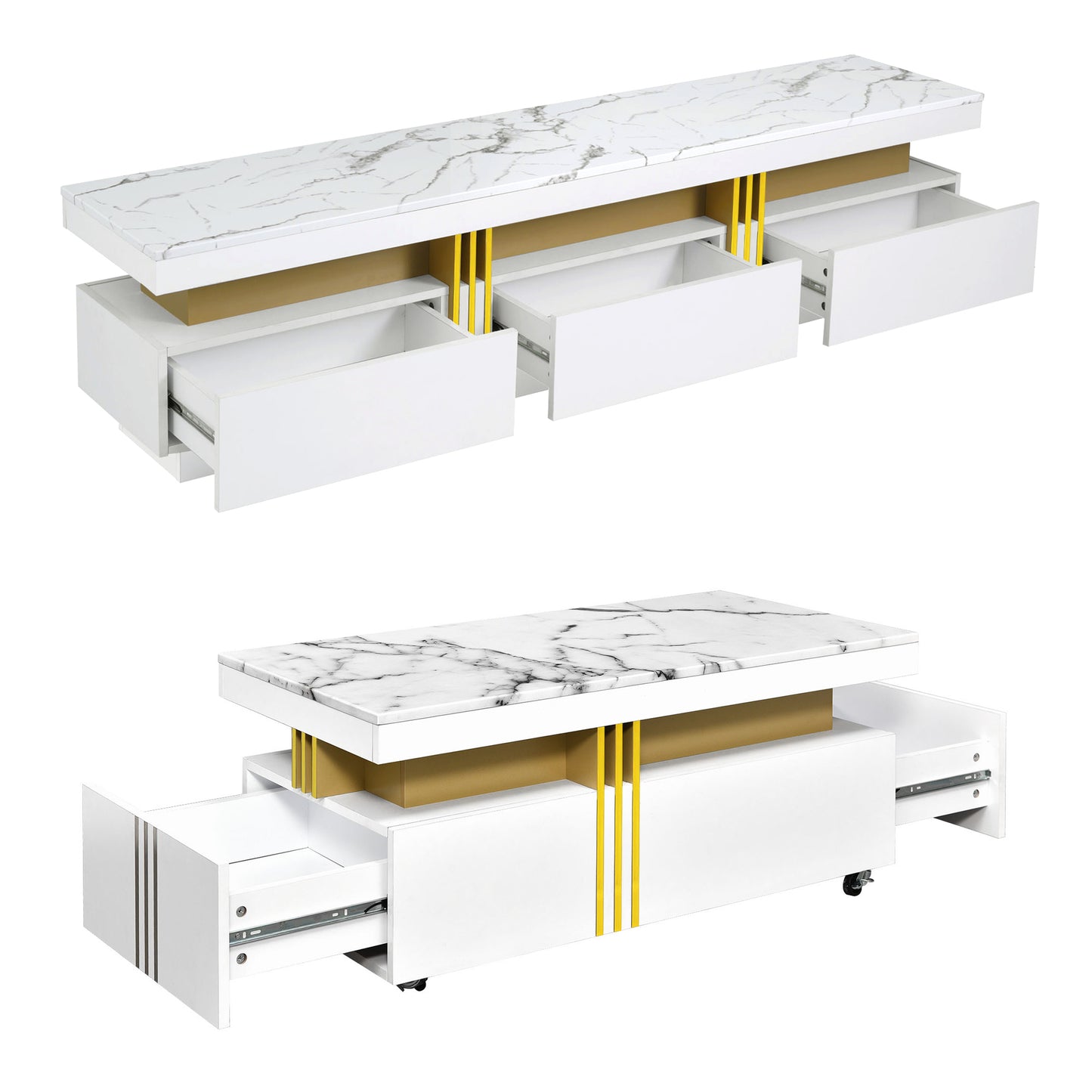 ON-TREND Modern Luxury TV Stand and Coffee Table Set of 2, High Gloss Faux Marble Top, TV Stand for TVs Up to 78'', Rectangle Coffee Table with Caster Wheels for Living Room, White