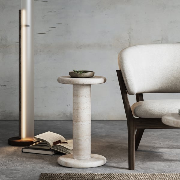 Beige Round Travertine Side Table 12.6" Modern End Table