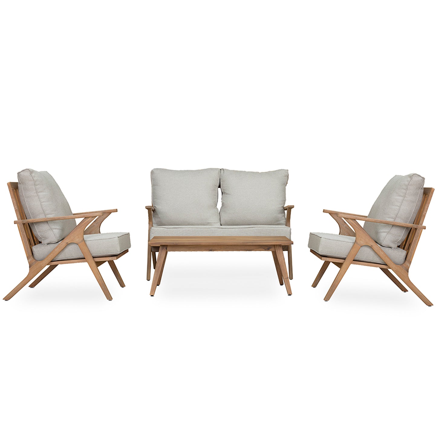 Ensemble de meubles de patio en bois d'acacia 4 pièces, ensemble de canapé d'extérieur avec coussins gris et oreiller de dossier, ensemble de conversation en plein air avec table basse