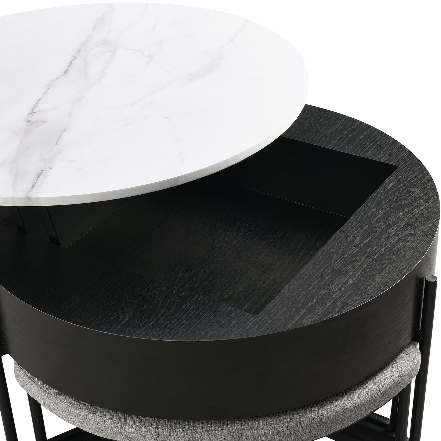 Modern Round Lift-Top Coffee Table with Storage & 3 Ottoman White & Black