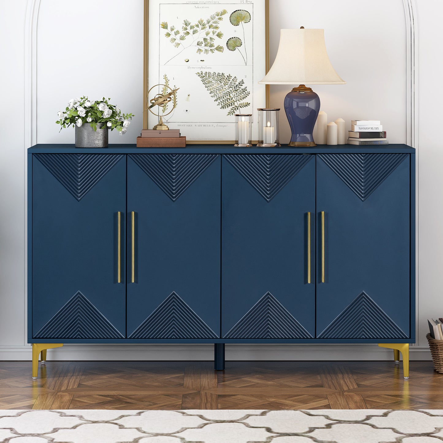 Unique Four-Door Cabinet with Two-Tone Triangular Pattern Doors