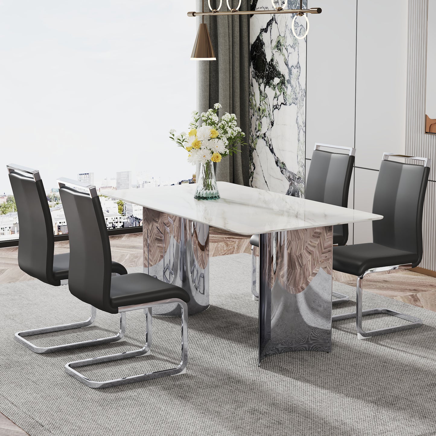 Contemporary White Imitation Marble Glass Dining Table - Stable Stainless Steel Legs for Stylish Dining Rooms