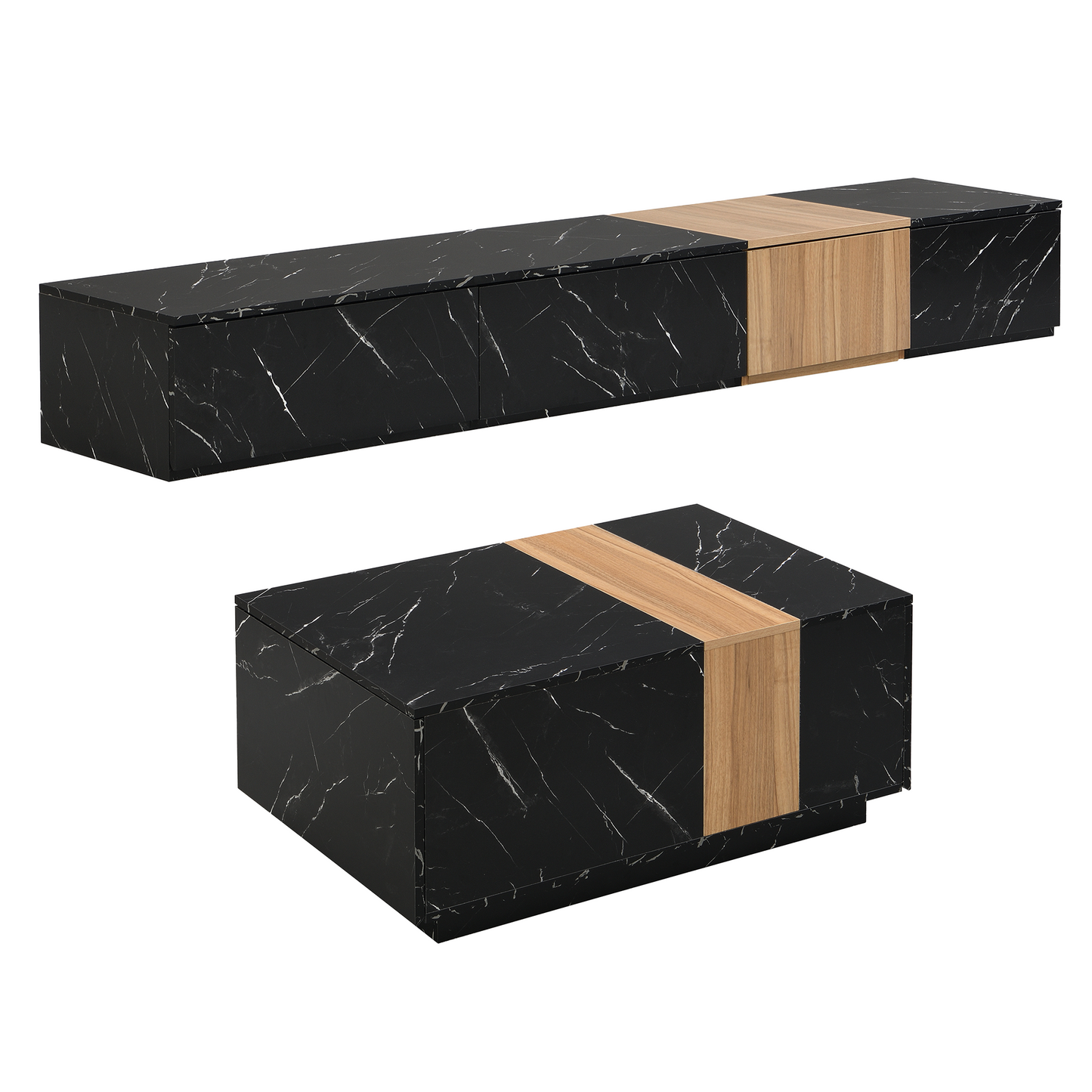 ON-TREND TV Stand and Coffee Table with Faux Marble, Walnut Wood Grain Finish, Set of 2, Modern Entertainment Center for TVs up to 88'', Center Table with 2 Storage Drawers for Living Room, Black