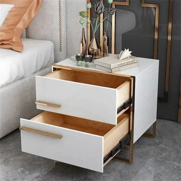 Modern 2 Drawers White Lacquer Nightstand Square Bedside Table in Gold Left