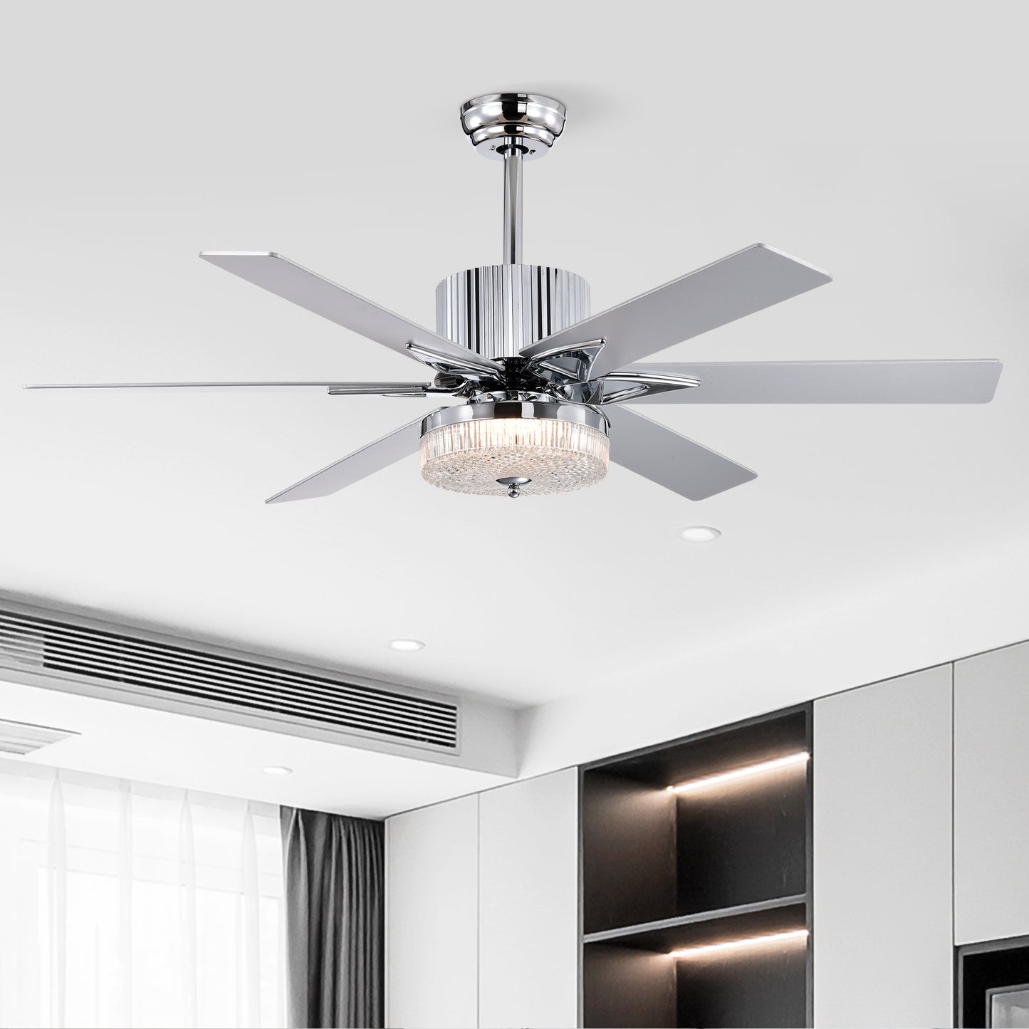 52" Modern Ceiling Fan with Remote - Chrome Finish, Wood Blades, LED Light for Living Room