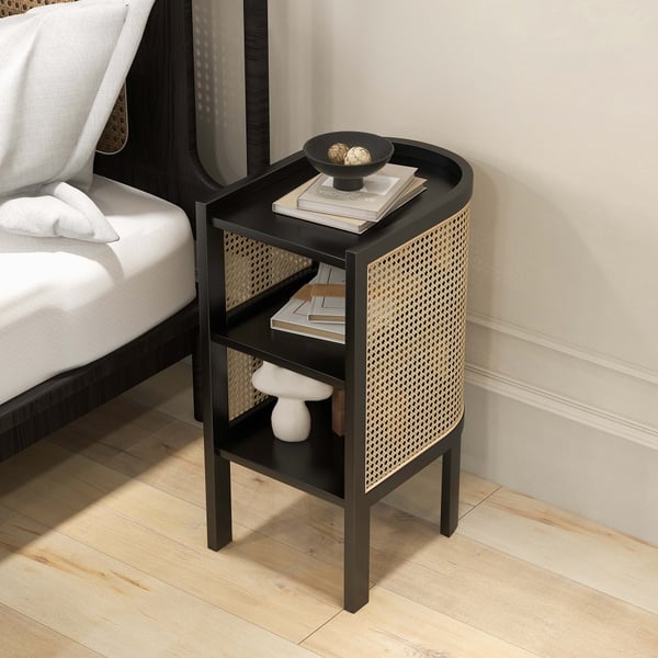 24 Inches Black Nightstand Semi-Circle Rattan Bedside Table with 1 Shelf