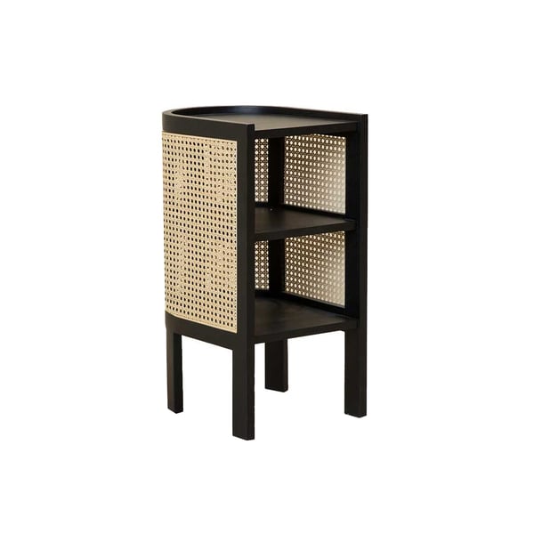 24 Inches Black Nightstand Semi-Circle Rattan Bedside Table with 1 Shelf