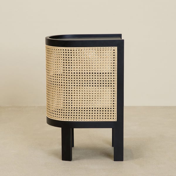 24 Inches Black Nightstand Semi-Circle Rattan Bedside Table with 1 Shelf