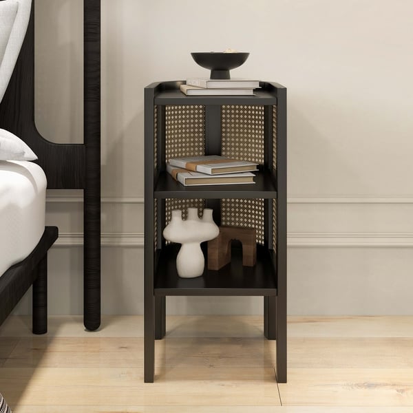 24 Inches Black Nightstand Semi-Circle Rattan Bedside Table with 1 Shelf