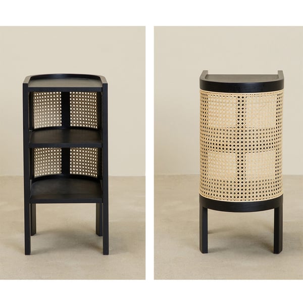 24 Inches Black Nightstand Semi-Circle Rattan Bedside Table with 1 Shelf