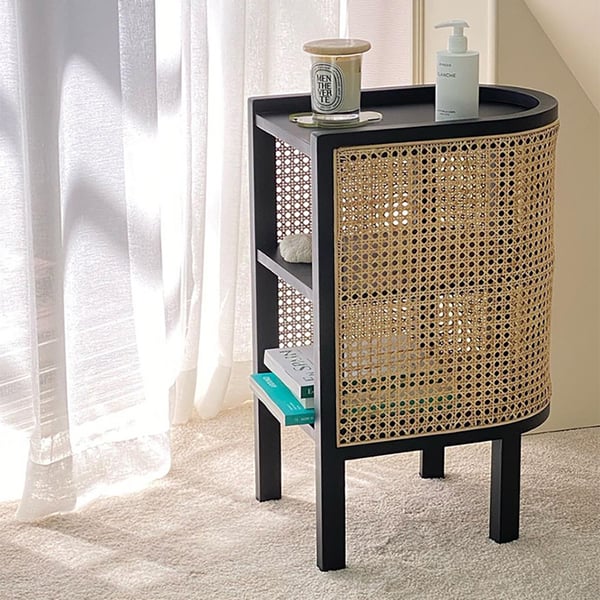 24 Inches Black Nightstand Semi-Circle Rattan Bedside Table with 1 Shelf