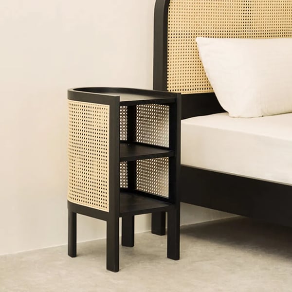 24 Inches Black Nightstand Semi-Circle Rattan Bedside Table with 1 Shelf