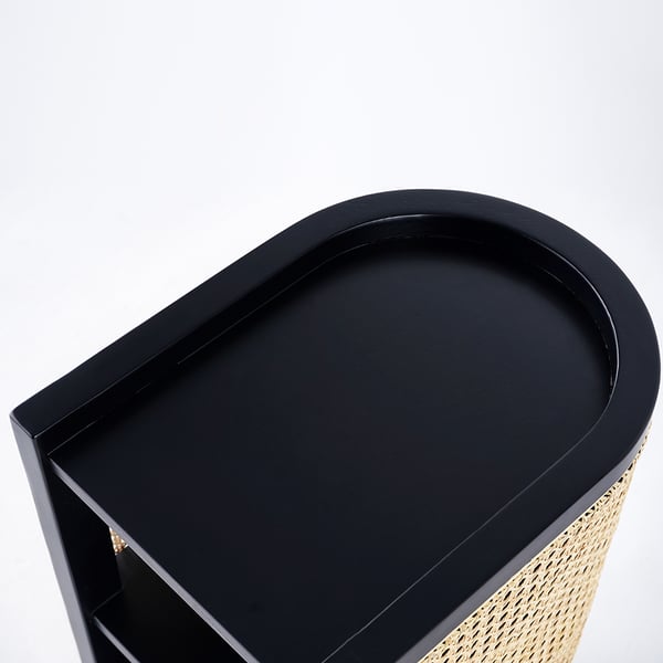 24 Inches Black Nightstand Semi-Circle Rattan Bedside Table with 1 Shelf