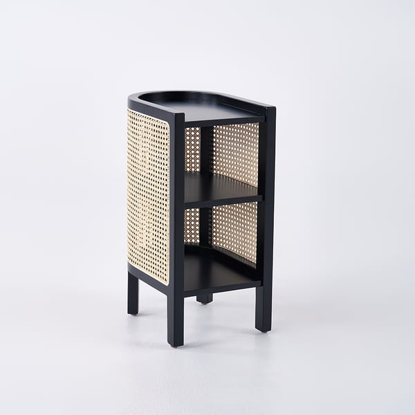 24 Inches Black Nightstand Semi-Circle Rattan Bedside Table with 1 Shelf