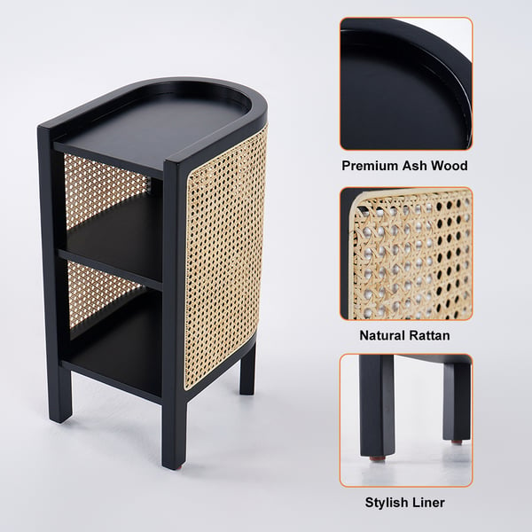 24 Inches Black Nightstand Semi-Circle Rattan Bedside Table with 1 Shelf