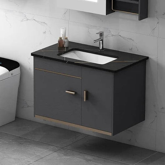 Ensemble de meuble-lavabo de salle de bain en bois flottant de 24 po avec dessus en pierre frittée noire et lavabo en céramique